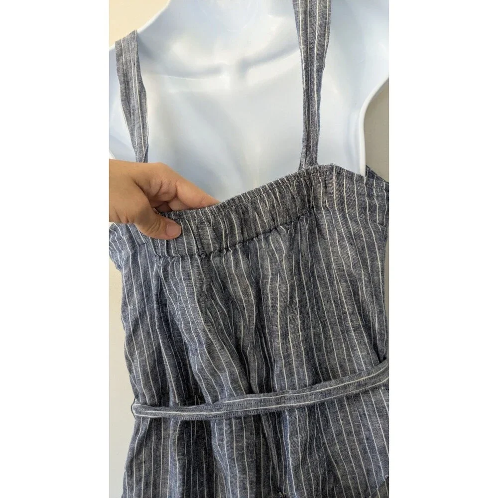 Quince 100% European Linen Square Neck Jumpsuit M Blue Stripe Wide Leg Relaxed